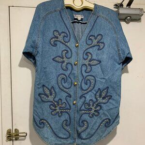 VINTAGE MONIQUE FASHIONS EMBROIDERY STUDS DENIM SHIRT JACKETS SIZE 8